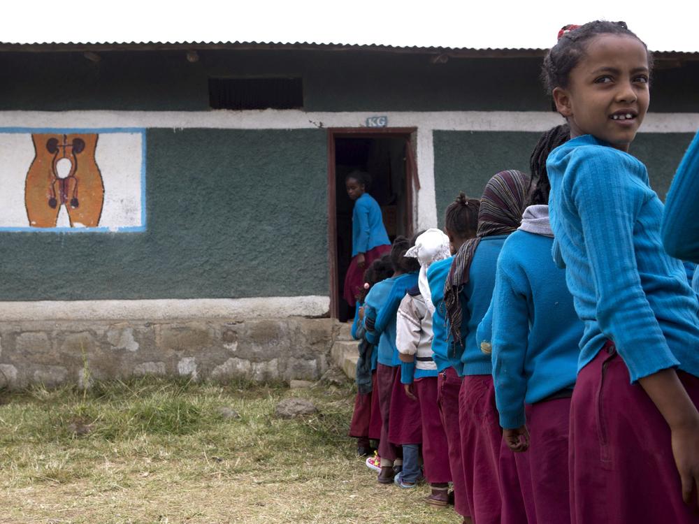 Girls at a primary school in Sheno, Ethiopia. In partnership with UNICEF, the Sheno Primary School developed a program to educate both girls and boys about menstruation — and provide sanitary pads. A new UNICEF report says that only 39% of the world's schools offer such instruction.