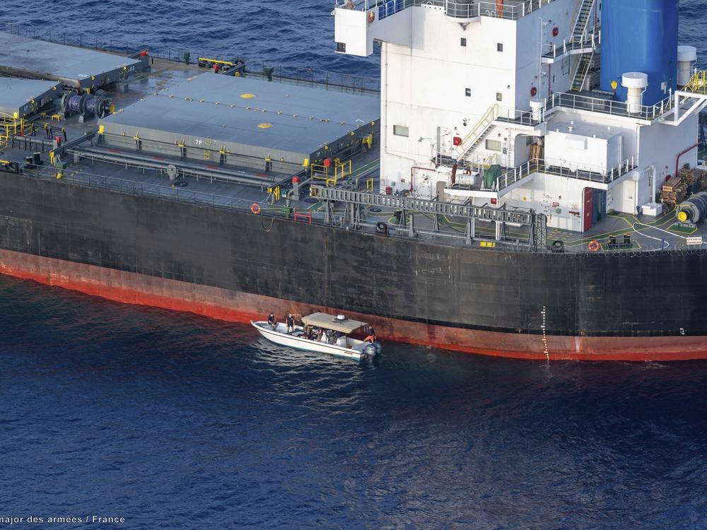 In this undated photo provided by the Etat Major des Armees on May 30, 2024, a view of the Laax, a Greek-owned, Marshall Islands-flagged bulk carrier that came under attack by Yemen's Houthi rebels earlier this week, carrying cargo of grain bound for Iran, the group's main benefactor, authorities said Thursday.