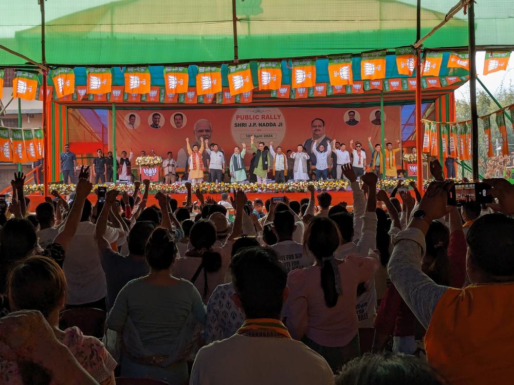  Senior leaders of the ruling BJP party hold an election campaign rally at a playground outside Itanagar, the capital of Arunachal Pradesh, in the second week of April. Voting took place in the remote northeastern Indian state on April 19.