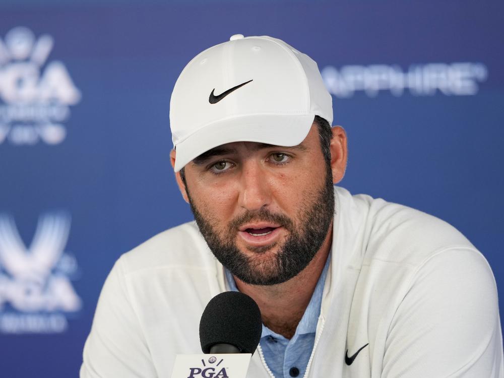 Scottie Scheffler speaks during a news conference  after the second round of the PGA Championship golf tournament at the Valhalla Golf Club, in Louisville, Ky., on May 17. Criminal charges against Scheffler have been dismissed.