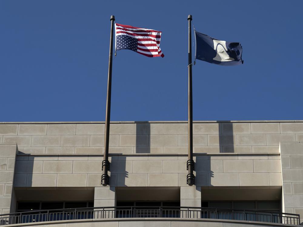 An American flag is seen upside down at the conservative Heritage Foundation in Washington, D.C., on Friday.