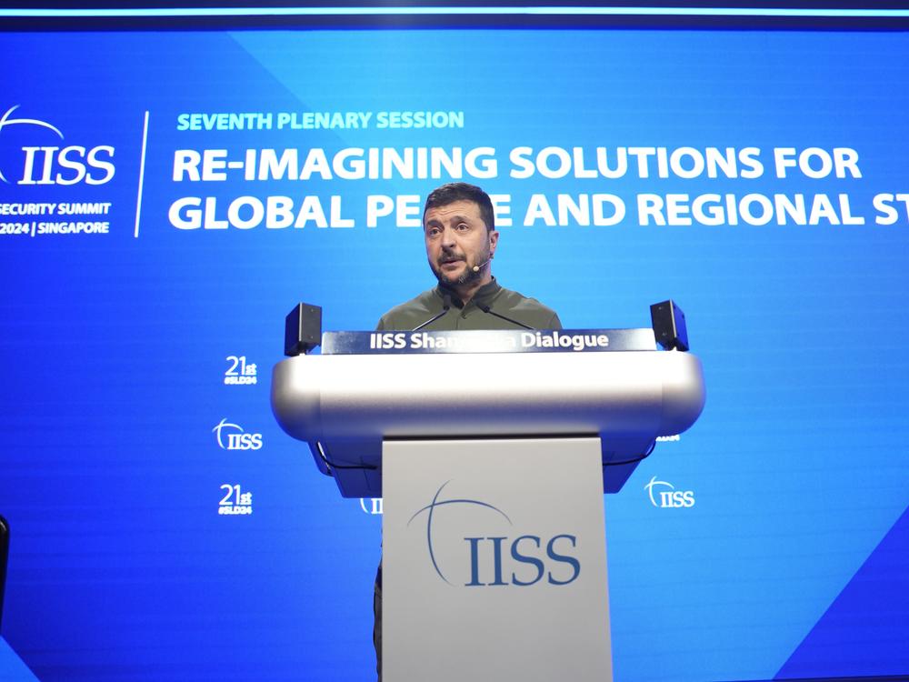 Ukraine's President Volodymyr Zelenskyy speaks during the 21st Shangri-La Dialogue summit at the Shangri-La Hotel in Singapore, Sunday, June 2, 2024. 