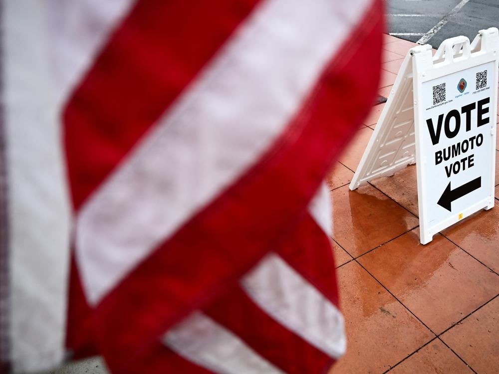 Signage is displayed outside of a vote center on Election Day during the Nevada 2024 presidential primary election in Las Vegas on Feb. 6.