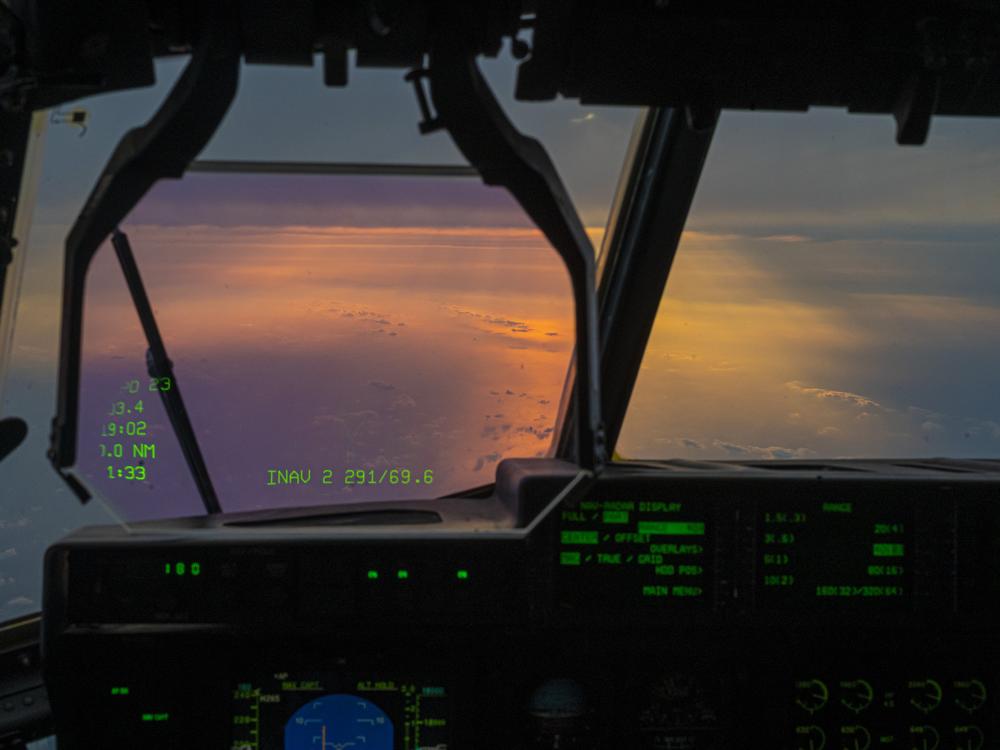 The view from the cockpit during a Hurricane Hunter training flight over the Gulf of Mexcio out of Keesler Air Force Base in Biloxi, Miss., on May 28, 2024. 