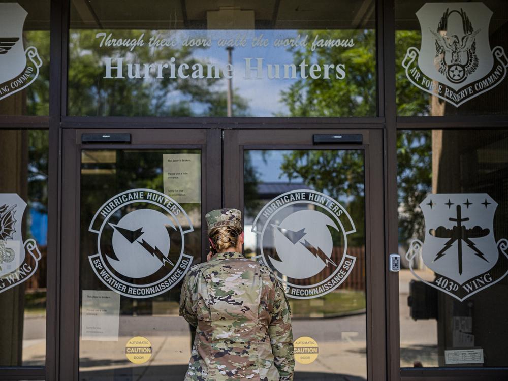 Lt.  Col. Marnee Losurdo enters the Hurricane Hunters' headquarters at Keesler Air Force Base in Biloxi, Miss. 