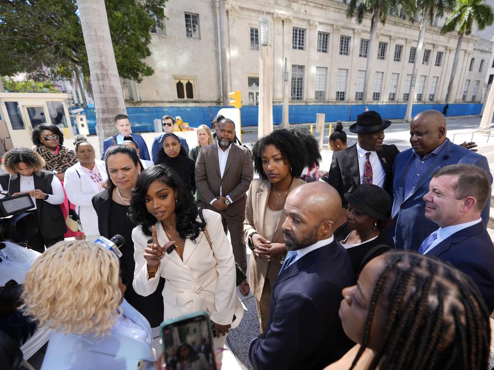 Co-founders and CEOs of The Fearless Fund, Arian Simone and Ayana Parsons, speak to journalists outside federal court in Miami in January. A U.S. federal court of appeals panel suspended the venture capital firm's grant program for Black women business owners, ruling that a conservative group is likely to prevail in its lawsuit claiming that the program is the discriminatory.