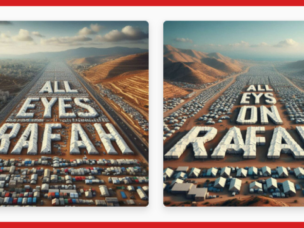  These are the results produced for NPR by Microsoft’s Image Creator after given a prompt to produce a realistic-looking aerial photo of Rafah, with the phrase “all eyes on Rafah” superimposed among the tents.