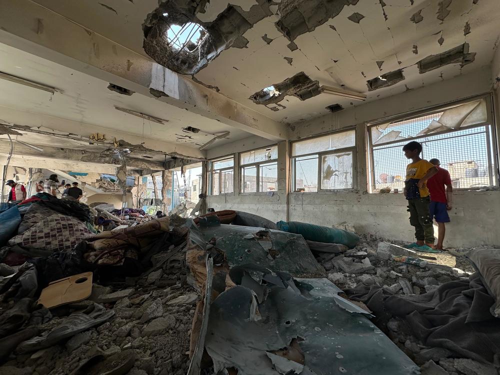 The aftermath of an Israeli strike on a U.N. school compound in Nuseirat, in the central Gaza Strip, that killed more than 30 people, including children, according to a Gaza hospital director. Israel said it was targeting Hamas and Islamic Jihad operatives hiding in two school classrooms.