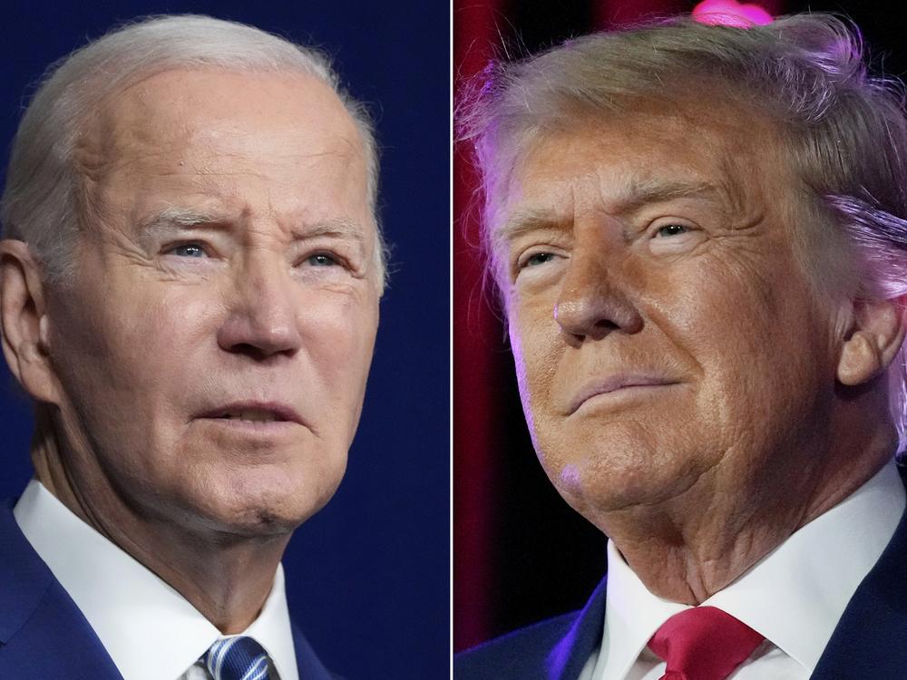In this combination of photos, President Joe Biden speaks on Aug. 10, 2023, in Salt Lake City, and former President Donald Trump speaks on July 8, 2023, in Las Vegas. 