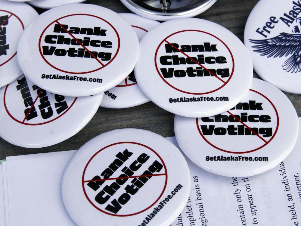 Five Republican-led states have banned ranked choice voting in recent months. Voters in other states, including Missouri, could ban the system later this year. Here, anti-ranked choice voting buttons are seen in Alaska. 