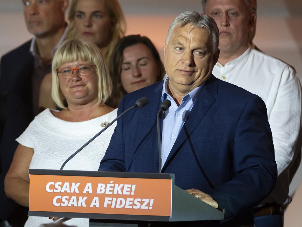 Hungarian Prime Minister Viktor Orbán addresses the media after receiving the results of the European Parliament elections in Budapest, Hungary, on Monday, June 10, 2024.