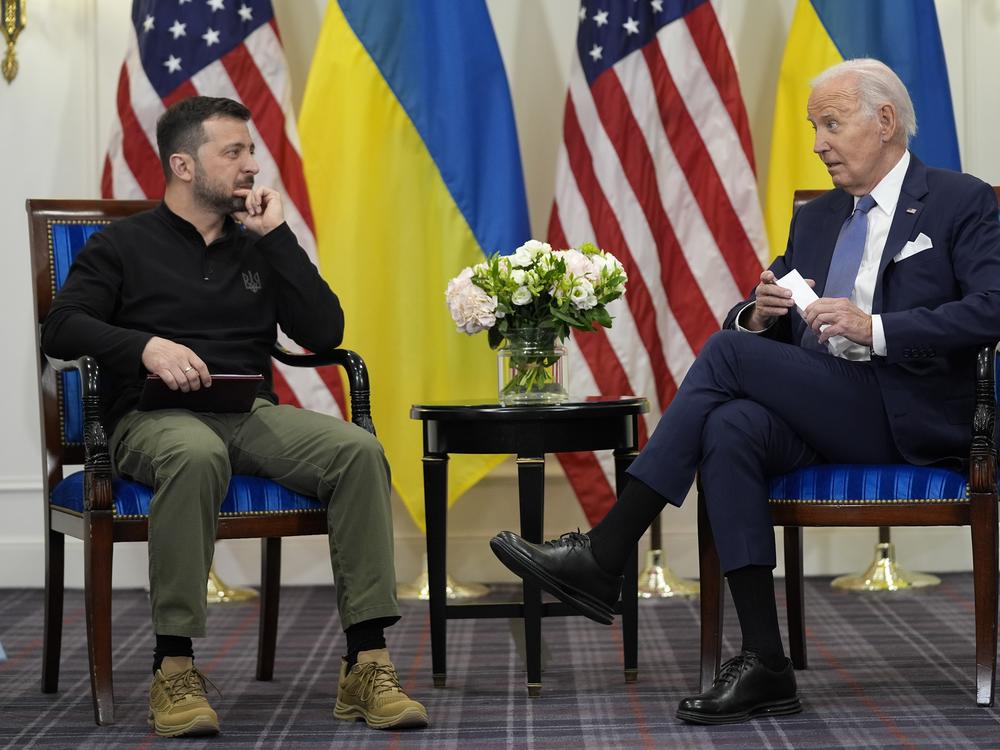 President Biden meets with Ukrainian President Volodymyr Zelenskyy in Paris on June 7. Biden announced another $225 million in weapons for Ukraine, part of the recently approved package of $60 billion in military assistance.