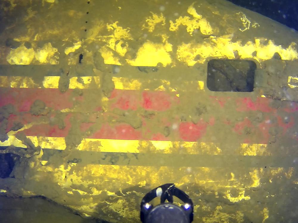 In this May 2024 image provided by Garry Kozak, remains of what experts believe to be is a 10-seat Jet Commander aircraft that disappeared in 1971 rest on the floor of Lake Champlain off Juniper Island, Vt.