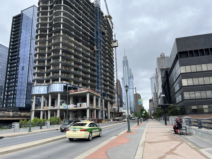 Downtown populations have continued to grow in U.S. cities as new housing is completed. Here, a new mixed-use building is under construction in Philadelphia's Center City West.