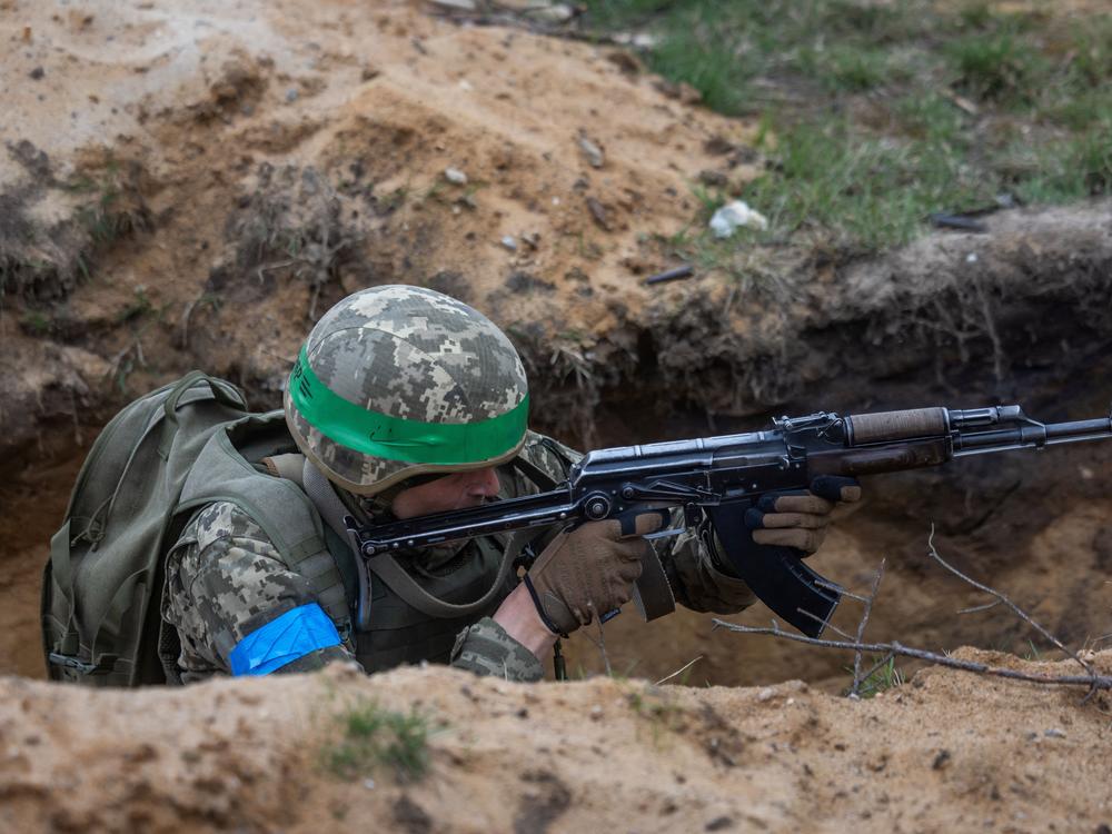 A Ukrainian soldier takes part in a military training with French troops at a military training compound in Poland on April 4.