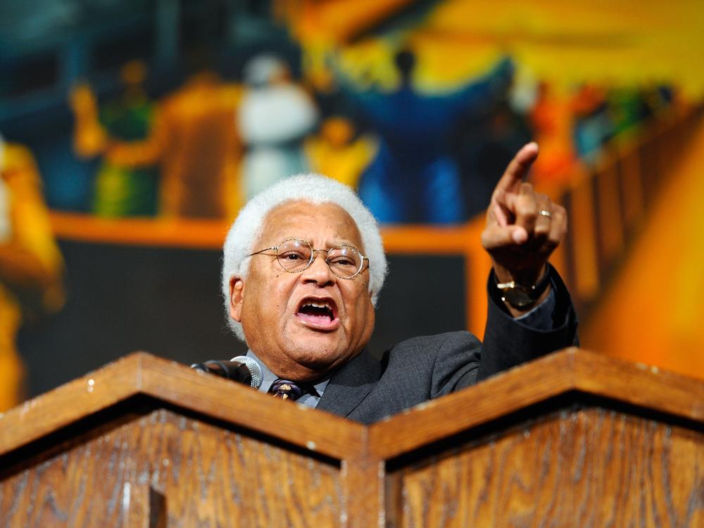 The Rev. James Lawson, an architect of the Civil Rights Movement who preached nonviolent protest, has died. He's shown here speaking to union workers in 2011 on the anniversary of Dr. Martin Luther King Jr.'s assassination. 