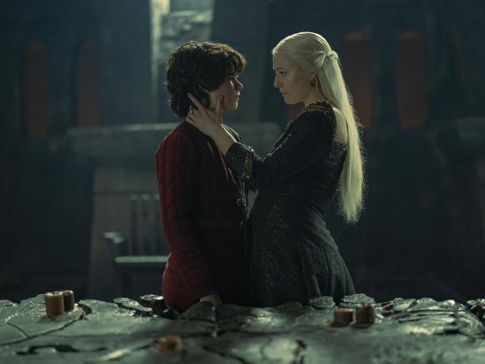  Elliot Grihault as Lucerys Velaryon<strong> </strong>and Emma D'Arcy as his mother, Queen Rhaenyra Targaryen, in Season 1. 