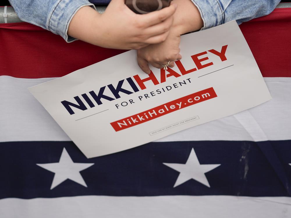 A supporter holds a sign during a rally for former Republican presidential candidate and former U.N. Ambassador Nikki Haley on Feb. 16 in San Antonio.