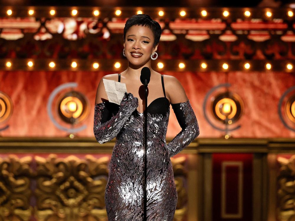 Maleah Joi Moon accepts the best leading actress in a musical award for <em>Hell’s Kitchen</em> onstage during The 77th Annual Tony Awards.