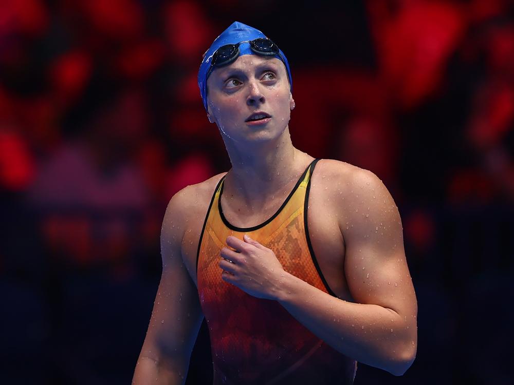 Katie Ledecky looks on after the Women's 400m freestyle final on Saturday at the U.S. Olympic Team Swimming Trials. The 27-year-old is the most dominant Olympic women's swimmer in American history and appears poised to add to her count of seven gold medals when she travels to Paris next month.