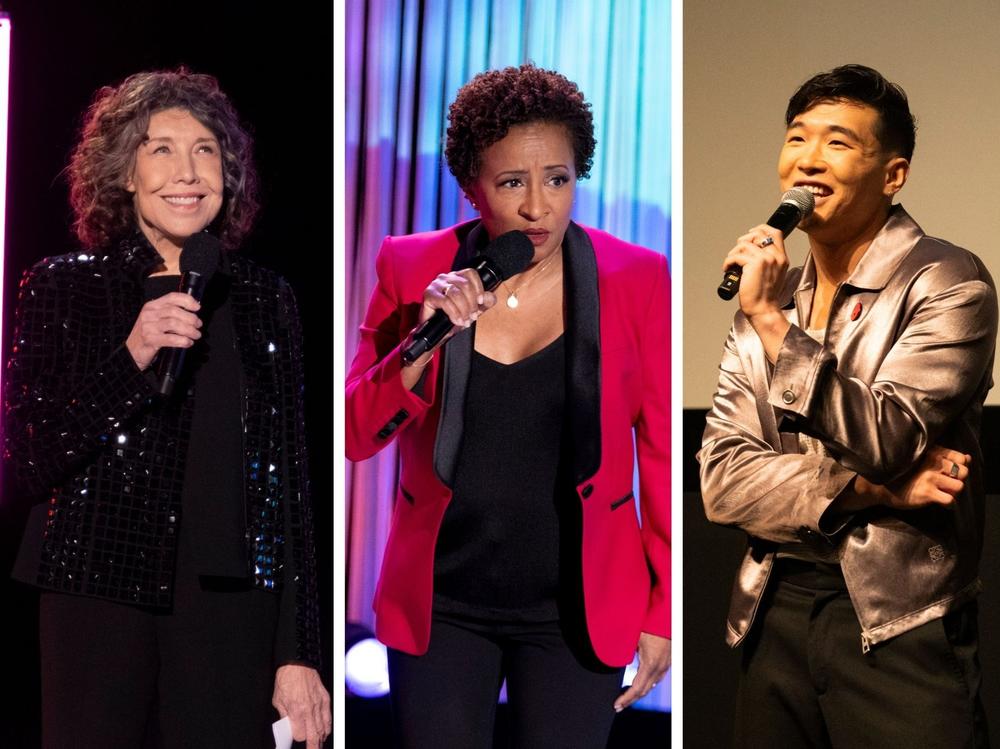 <em>Outstanding: A Comedy Revolution</em> explores the history and current state of LGBTQ comedy — the pioneers, the breakthroughs and the setbacks. Above, Lily Tomlin, left, Wanda Sykes, Joel Kim Booster and Trixie Mattel.