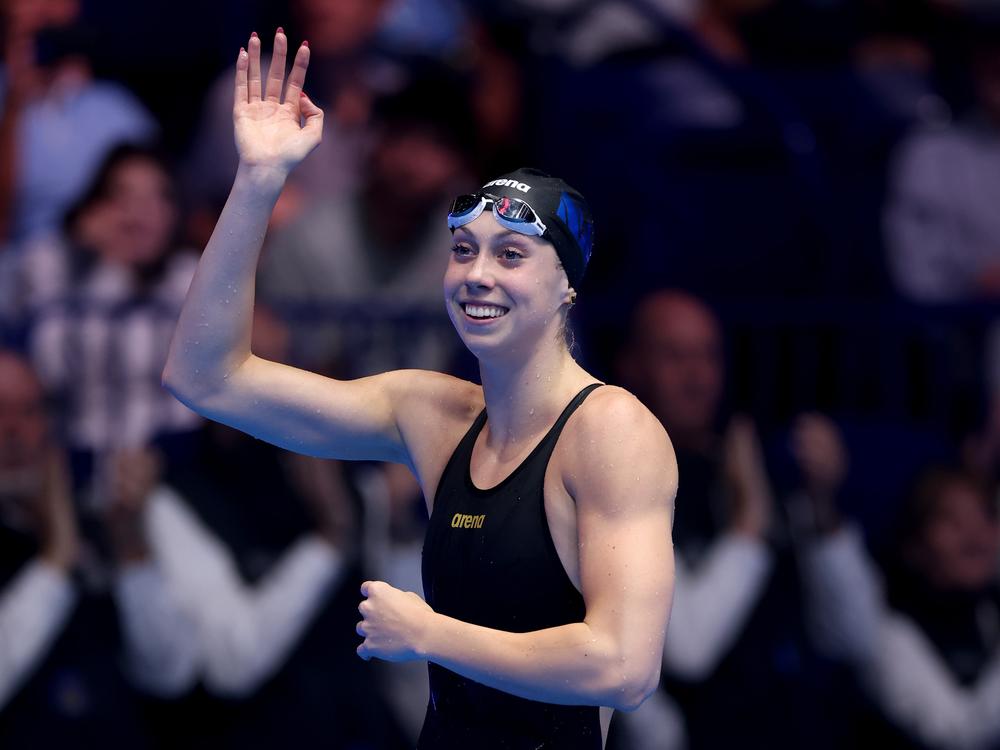 Gretchen Walsh of the United States reacts after winning the Women's 100 Meter Butterfly Championship on Sunday in Indianapolis. 
