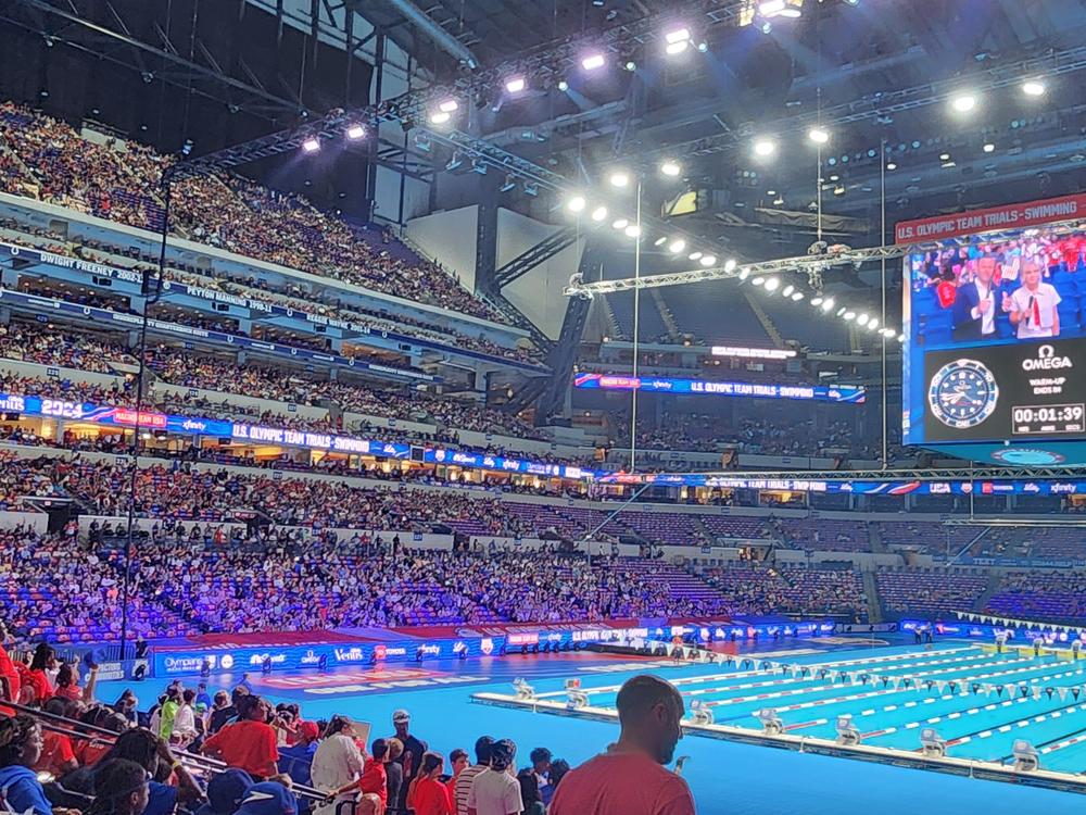 Crews converted the Lucas Oil NFL stadium, home to the Indianapolis Colts, into a world-class Olympic-caliber swimming venue. On Saturday night, more than 20,000 fans turned out to see American athletes compete.