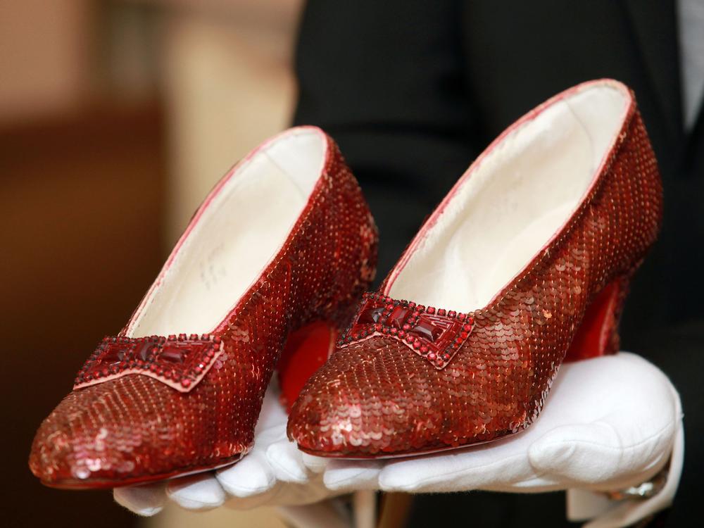 One pair of Dorthy's slippers, worn by Judy Garland in 1939, are displayed at a viewing at the Plaza Athenee on December 5, 2011 in New York City. 