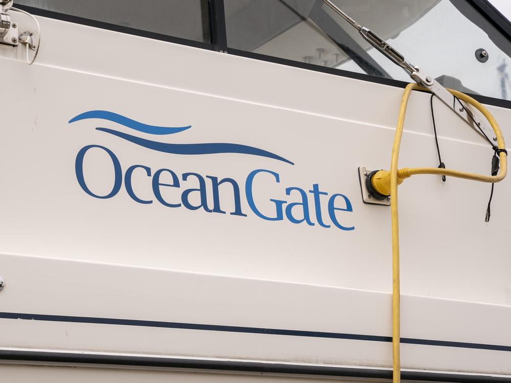 The OceanGate logo is seen on a vessel stored near its Everett, Washington offices on June 21, 2023.