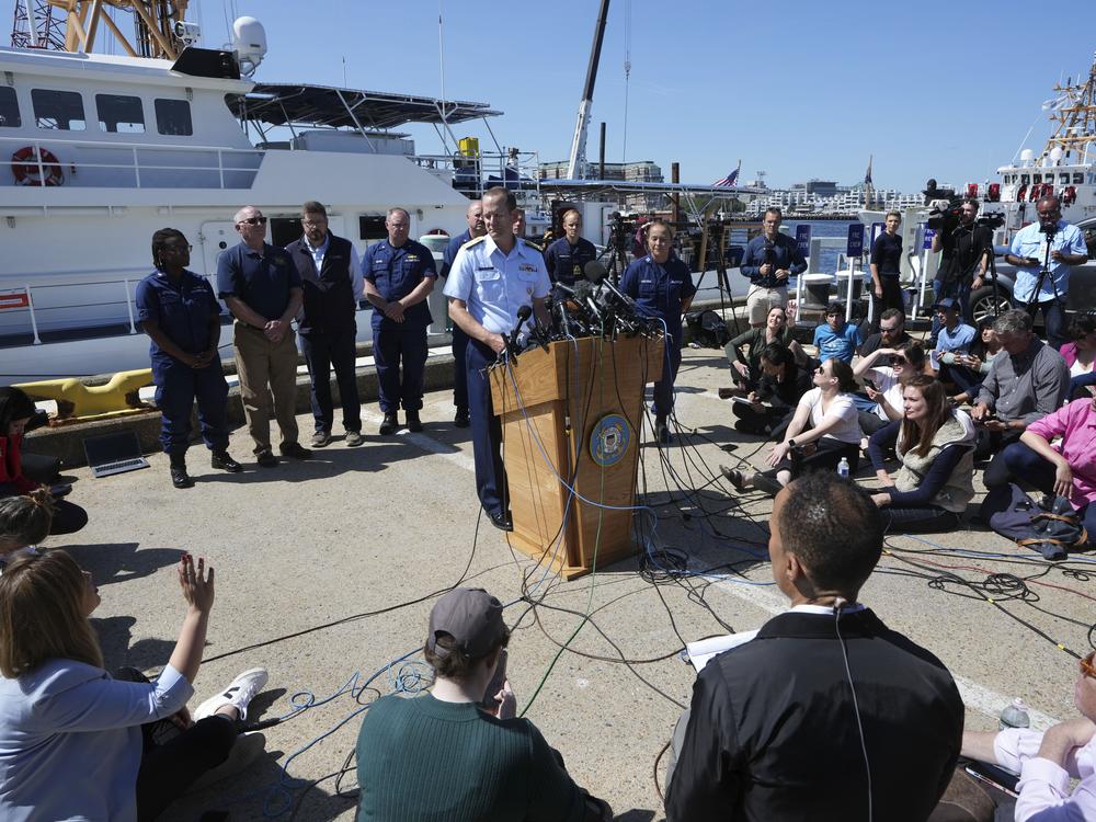 U.S. Coast Guard Rear Adm. John Mauger, commander of the First Coast Guard District talks to the media on June 22, 2023, at Coast Guard Station Boston.