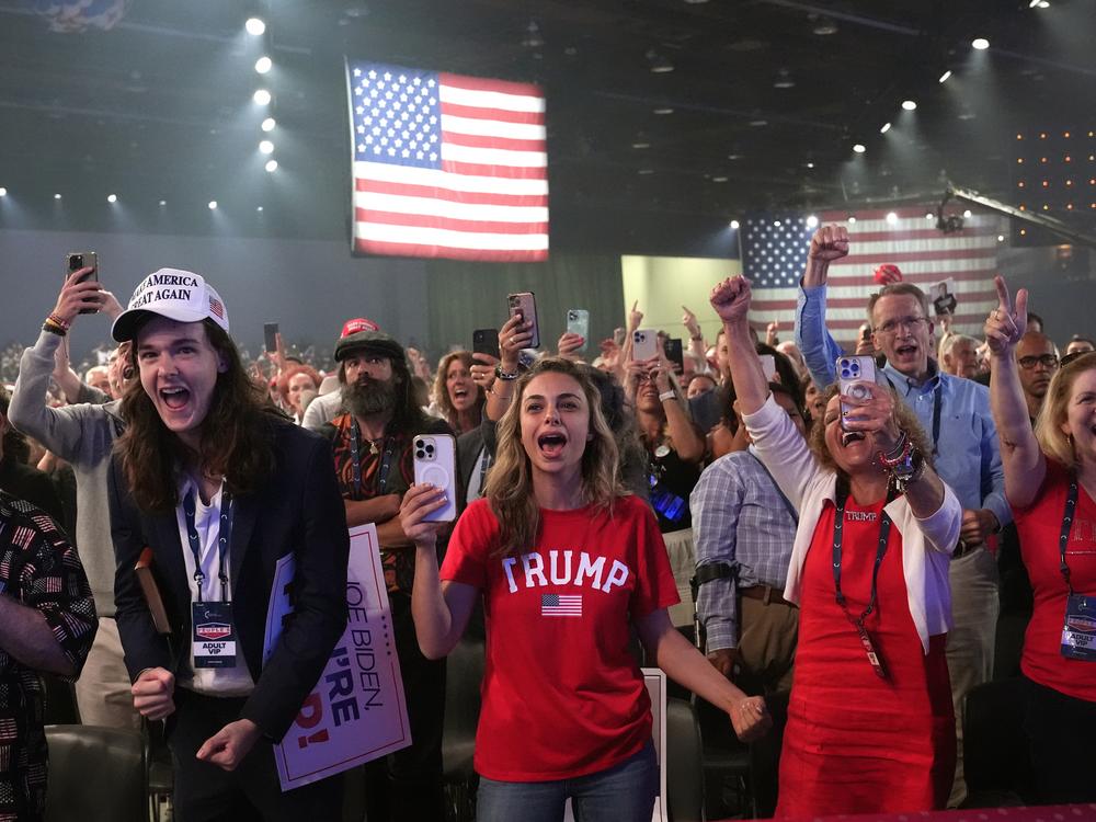 Supporters cheer as Republican presidential candidate former President Donald Trump speaks at the “People's Convention” of Turning Point Action Saturday, June 15, 2024 in Detroit. (AP Photo/Carlos Osorio)