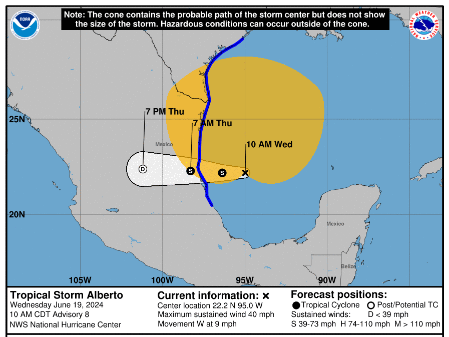 A graphic from the National Hurricane Center shows Alberto's projected path into Mexico and the tropical storm warning spanning Texas' Gulf Coast as a result.