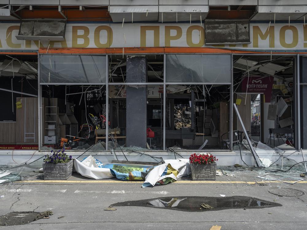 Debris at the site of a missile attack on a hardware superstore that killed 19 people in Kharkiv, Ukraine, on May 26.