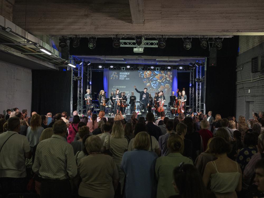 A children’s orchestra, led by Belarusian conductor Vitali Alekseenok, performs on the final night of the Kharkiv Music Fest in the basement of the Kharkiv State Academic Opera and Ballet Theatre in Kharkiv, Ukraine, on May 31.