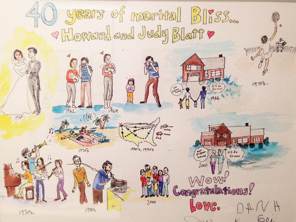  A drawing made for the Blatts by one of their two daughters, Julia Blatt, for their 40th wedding anniversary. 