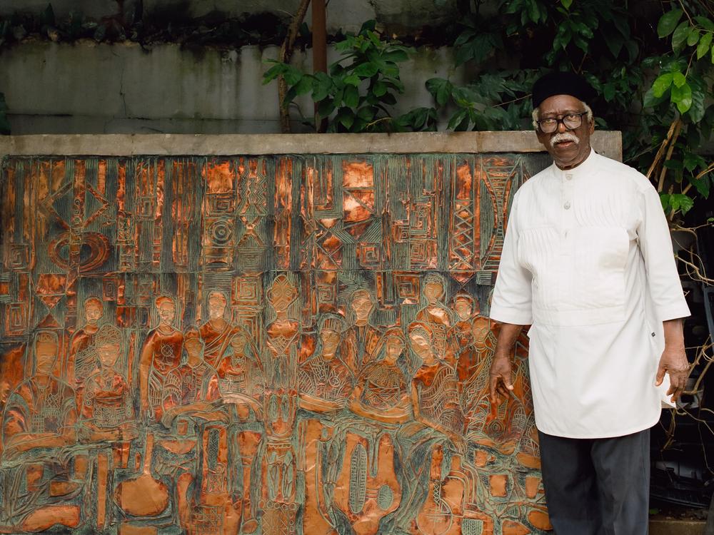 Bruce Onobrakpeya, a towering figure in modernism, in his home/studio in Lagos, Nigeria. At 91, he has his first Smithsonian solo show.