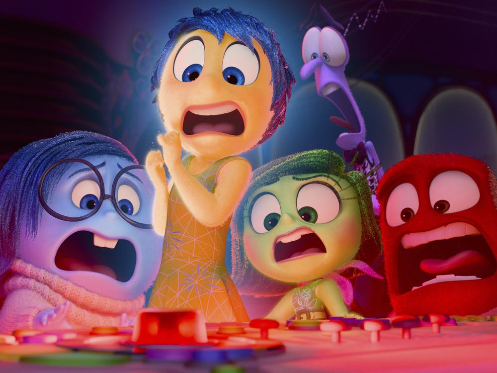 This image released by Disney/Pixar shows, from left, Sadness, voiced by Phyllis Smith, Joy, voiced by Amy Poehler, Disgust, voiced by Liza Lapira, Fear, voiced by Tony Hale and Anger, voiced by Lewis Black, in a scene from <em>Inside Out 2</em>.