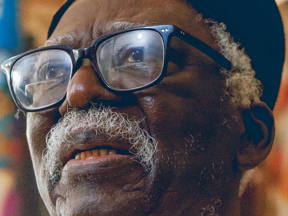 A portrait of Bruce Onobrakpeya in his home studio in Lagos. He hopes to travel to Washington, D.C., in the fall to see his Smithsonian show but says, 