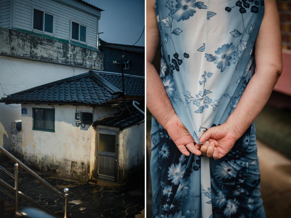 <strong>Left:</strong> A local’s residence is seen in Abai Village on the evening of Sept. 13, 2023. <strong>Right:</strong> Kim Yong-jae, 81, holds her dress in the morning  in Sokcho, South Korea, on Sept. 14, 2023.