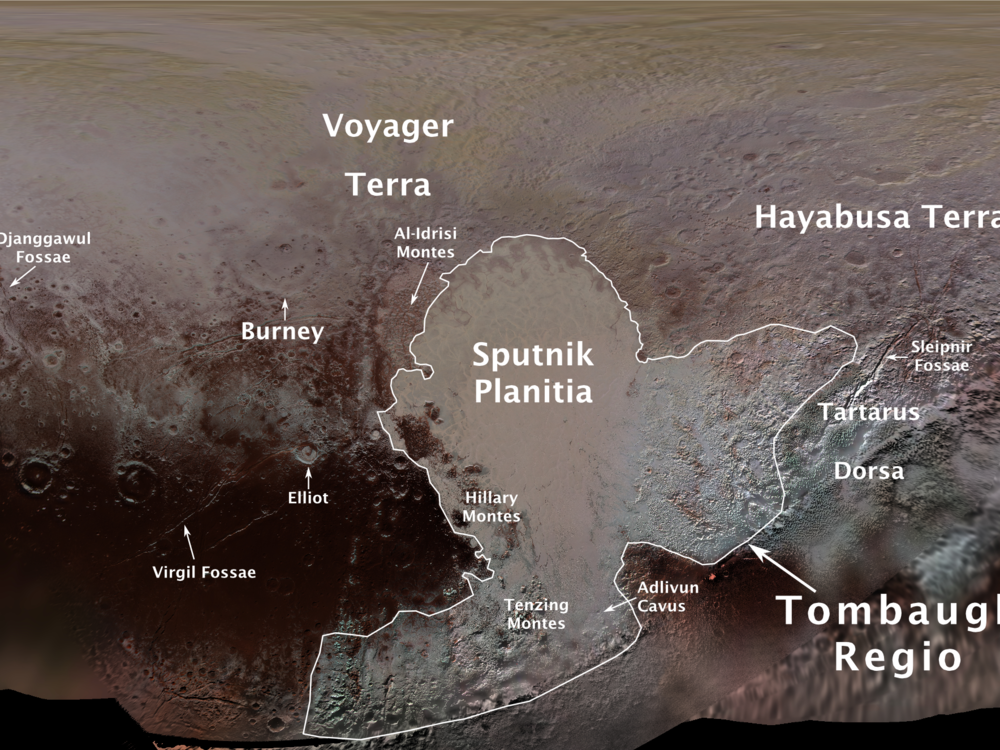Pluto’s first official surface-feature names are listed on this map. Among them, 