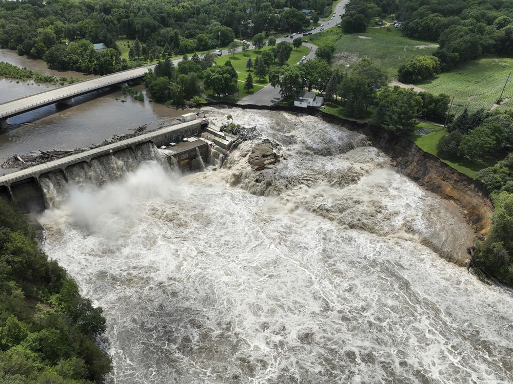 Heavy rains cause high water levels at the Rapidan Dam near Mankato, Minn., on Monday, June 24, 2024. Officials say the dam is threatened with “imminent failure.”