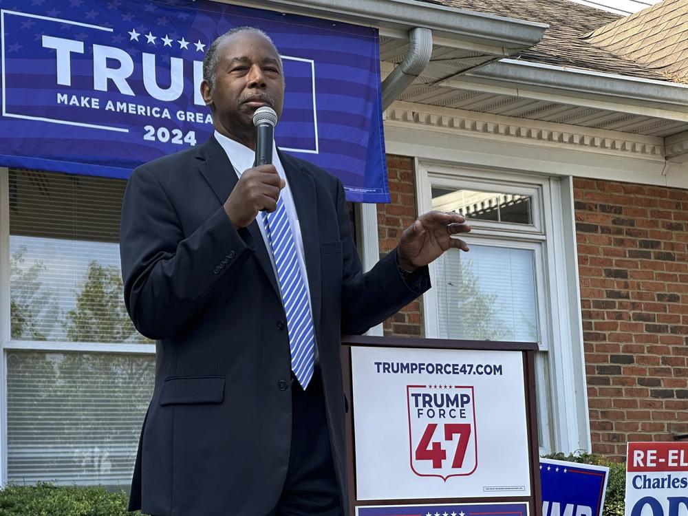 Ben Carson, who was the U.S. secretary of housing and urban development during Donald Trump's administration, speaks at a ceremony to open the Republican presidential candidate's first Georgia campaign office, in Fayetteville, on June 13.