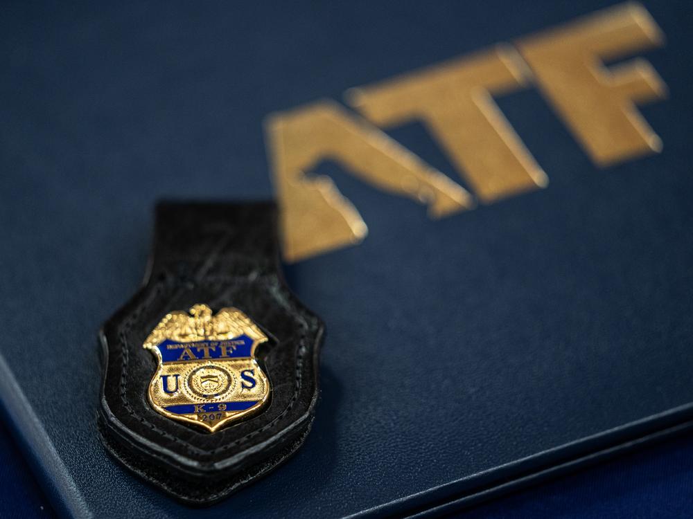 A badge worn by ATF K-9s is seen during a graduation ceremony for Bureau of Alcohol, Tobacco, Firearms and Explosives (ATF) special agent canine handlers and their dogs at the ATF training facility in Front Royal, Va., on Friday, June 21, 2024. 