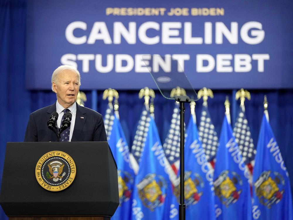 President Biden speaks at an event about canceling student debt, at the Madison Area Technical College Truax campus, April 8, 2024, in Madison, Wis.