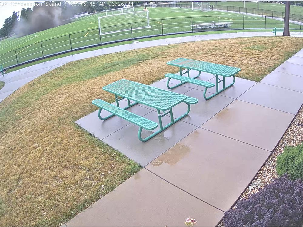 This photo provided by the City of Alton, Ill., shows security video of a sinkhole in the upper left that opened in the middle of a soccer field on Wednesday in Alton, Ill.  