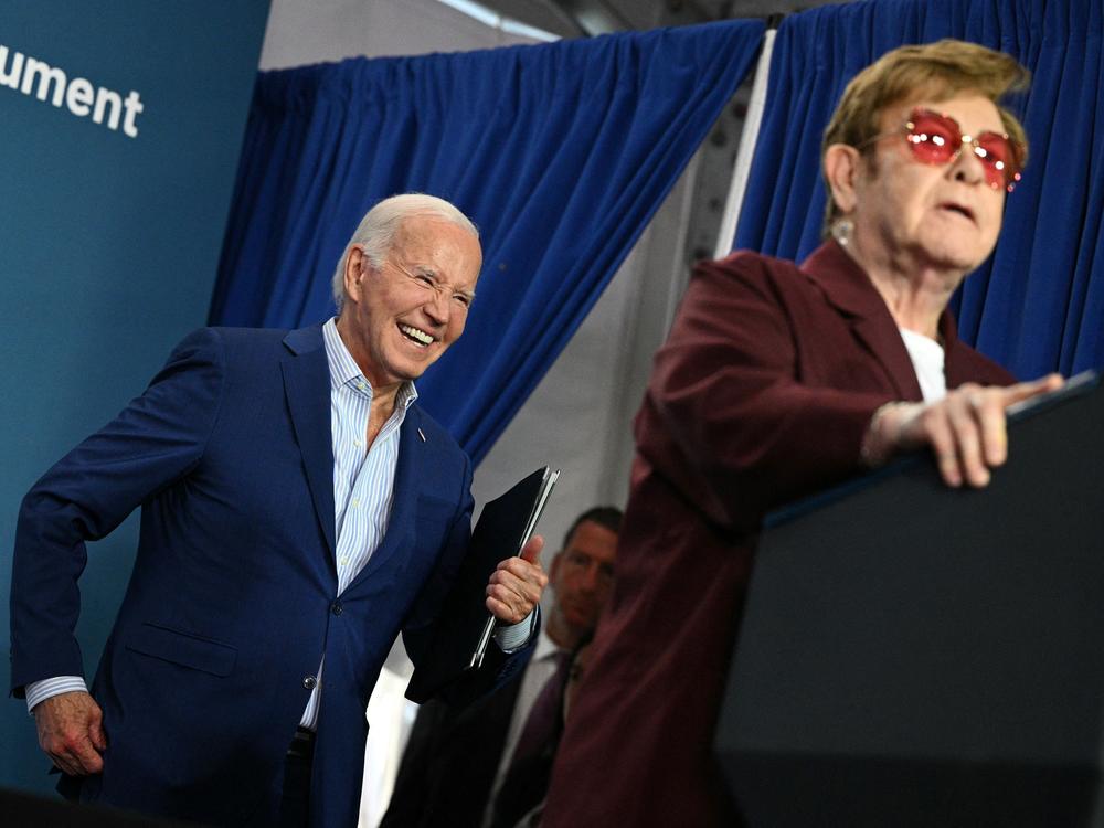 President Biden and British musician Elton John at the Stonewall National Monument Visitor Center grand opening ceremony in New York on Friday.