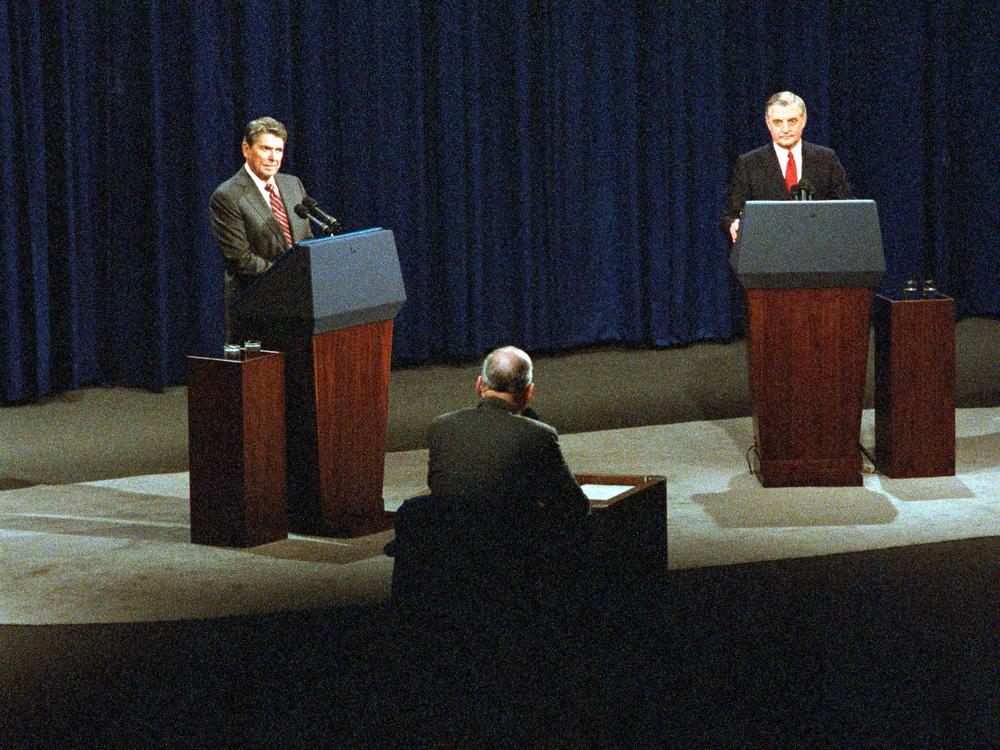 President Reagan and his Democratic opponent, Walter Mondale, at the second presidential debate in Kansas City on October 21, 1984.