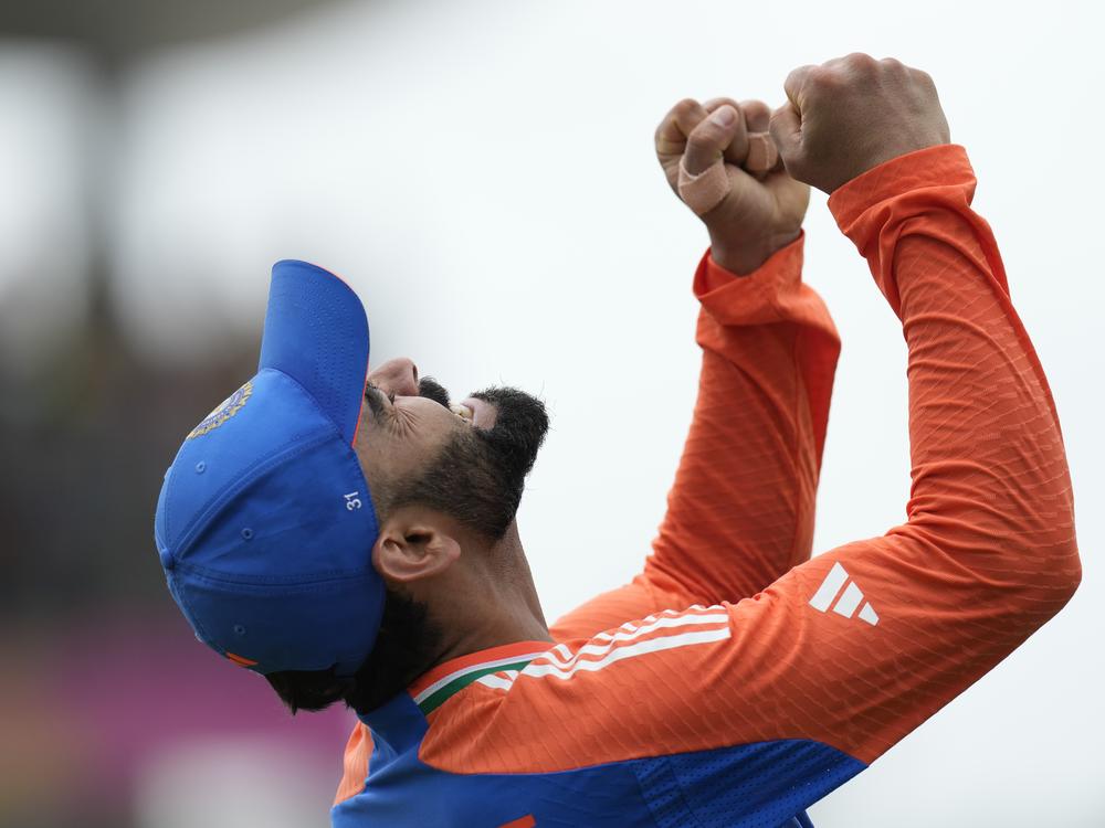 India's Virat Kohli celebrates after the team's win against South Africa in the ICC Men's T20 World Cup final cricket match at Kensington Oval in Bridgetown, Barbados, on Saturday.