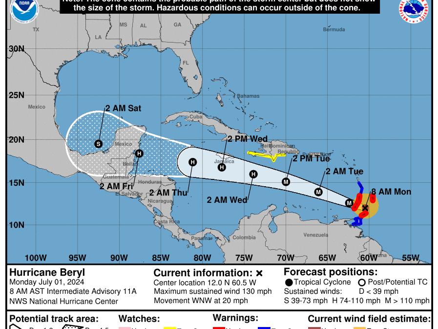  A five-day forecast cone shows the likely path of Hurricane Beryl as it moves across the Caribbean Sea and an eventual landfall — likely near Mexico's Yucatan.