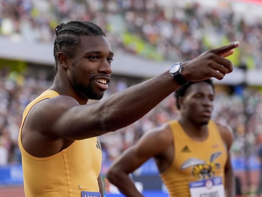 Noah Lyles celebrates after winning the men's 200-meter final during the U.S. Track and Field Olympic Team Trials on Saturday in Eugene, Ore.